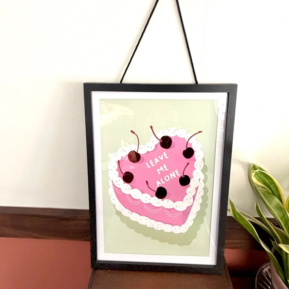 Leave Me Alone Heart Cake Red Cherry Pink Cake Framed Wall Art Quirky Art Print